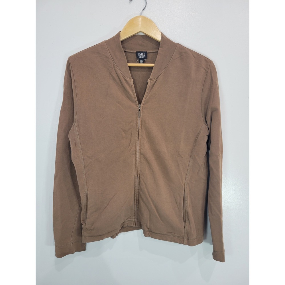EILEEN FISHER PETITE Brown Zip Front Lightweight Jacket Long Sleeve Cotton Blend